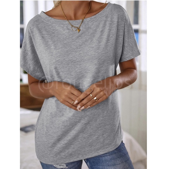 Boat Neck Batwing Sleeve Grey Tee Shirt Short Sleeve - Picture 6 of 8